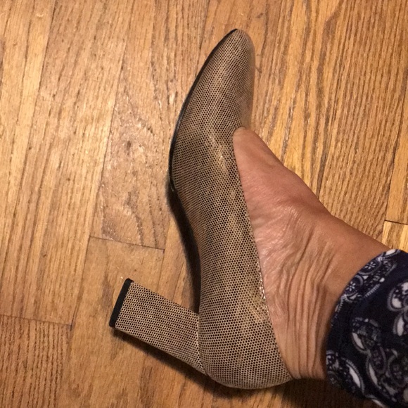 Stuart Weitzman Snake Print Heels Block Heel Gold & Brown Size 7 - Picture 15 of 16